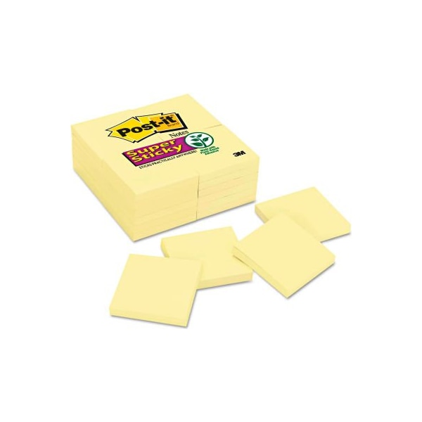 Post-it Notes Super Sticky Notes 65424SSCY, 3" x 3", Canary Yellow, 90 Sheets/Pad, 24/Pack